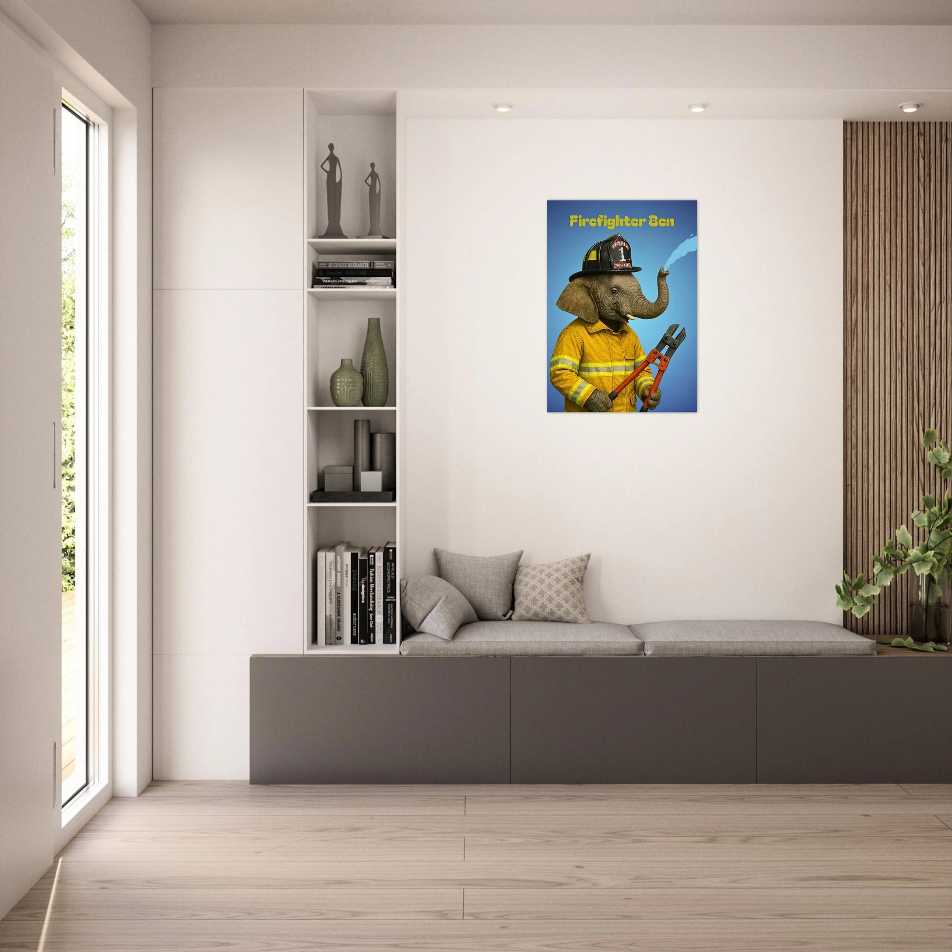 Firefighter Ben elephant poster in stylish home interior, fun and colorful wall art.

