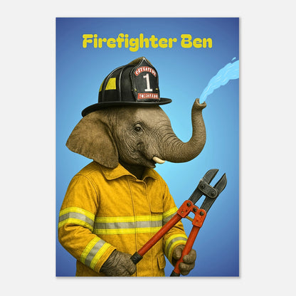 Firefighter Ben elephant poster leaning on wooden table, playful kids room wall art print.