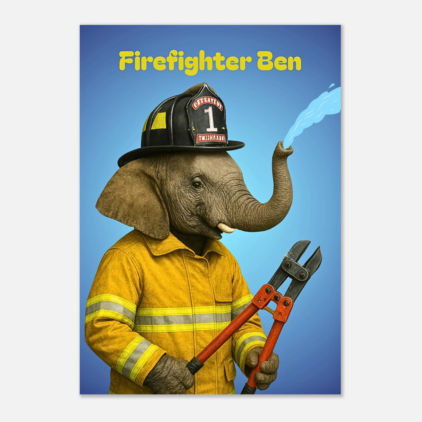 Firefighter Ben elephant wall art poster, playful kids room decor print featuring brave firefighter elephant.
