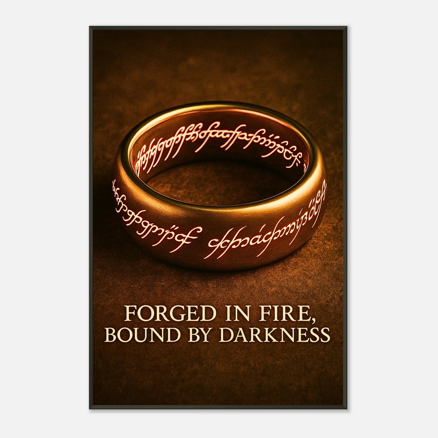 Forged in Fire Fantasy Ring Kunst als Wandbild mit schwarzem Metallrahmen, mystisches Symbol mit glühenden Runen