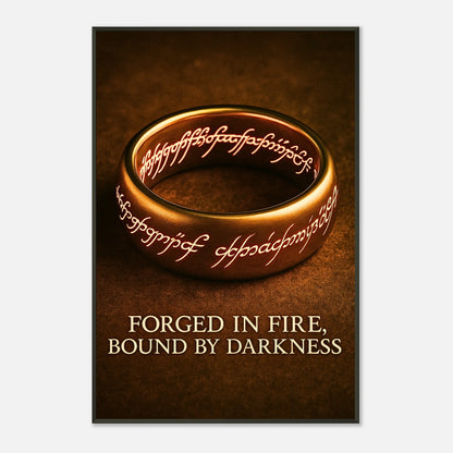 Forged in Fire Fantasy Ring Kunst als Wandbild mit schwarzem Metallrahmen, mystisches Symbol mit glühenden Runen