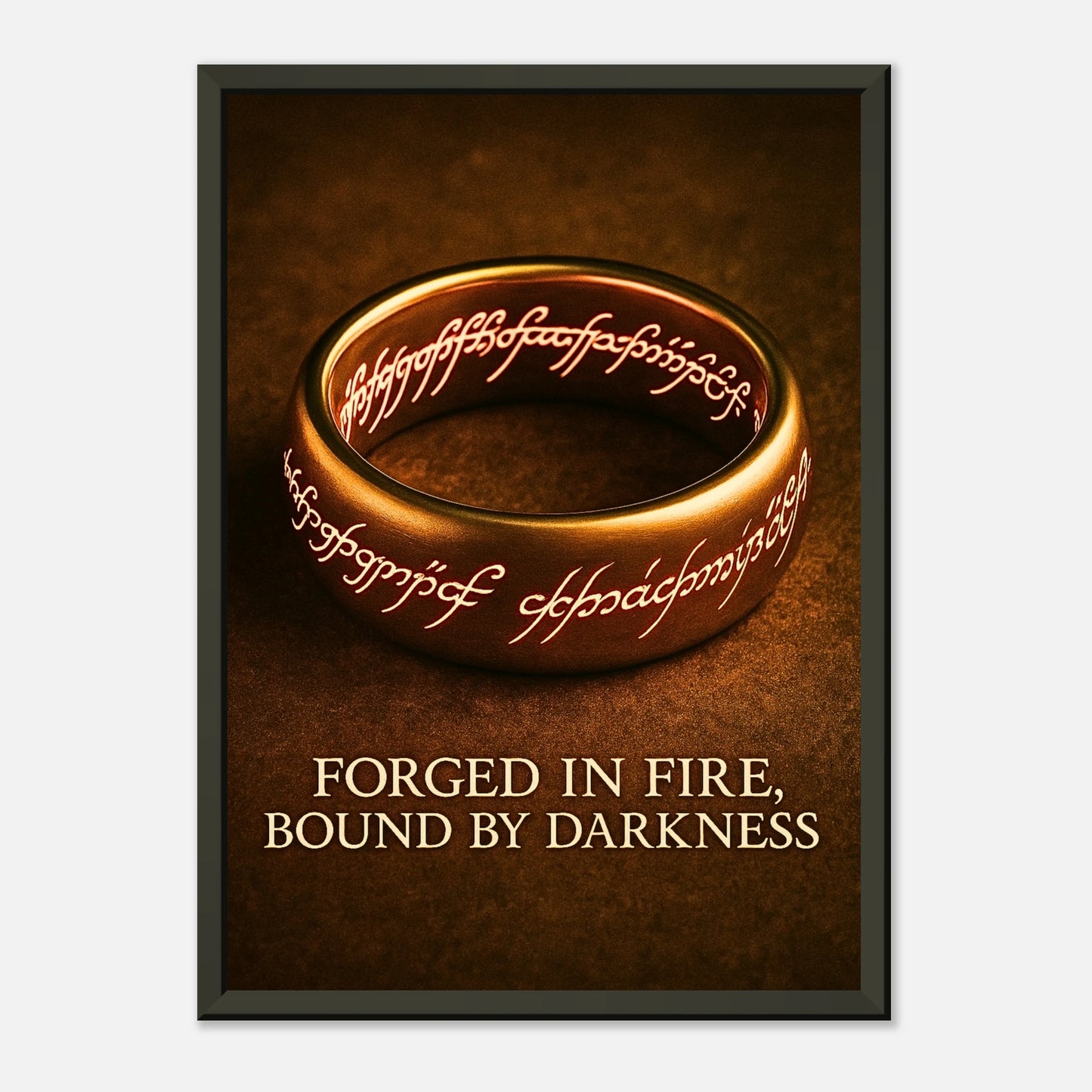 Forged in Fire Ring Wandkunst frontal dargestellt, Dark Fantasy Wandbild mit schwarzem Metallrahmen