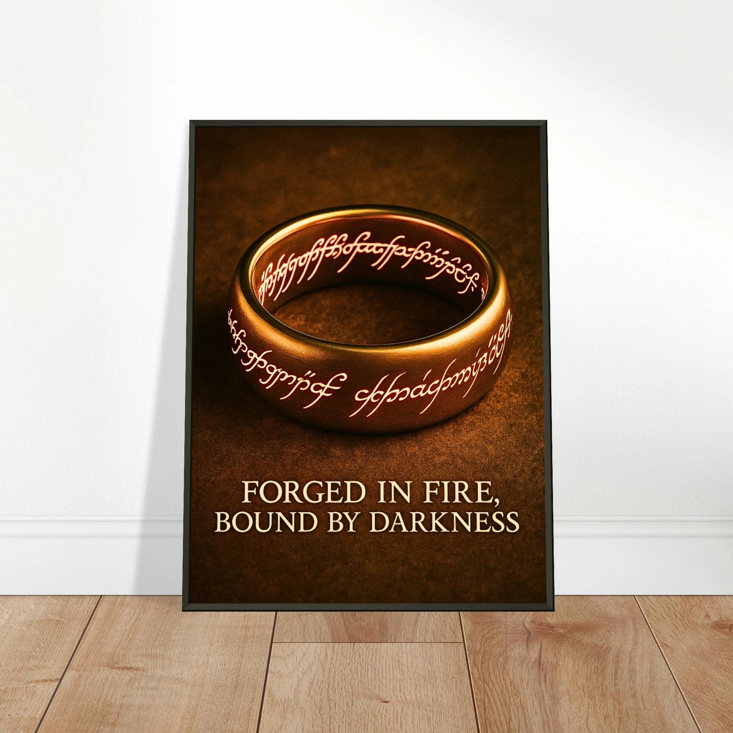 Forged in Fire Wandbild in hellem modernen Wohnraum, epische Fantasy Ring Kunst im schwarzen Metallrahmen