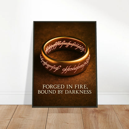 Forged in Fire Wandbild in hellem modernen Wohnraum, epische Fantasy Ring Kunst im schwarzen Metallrahmen