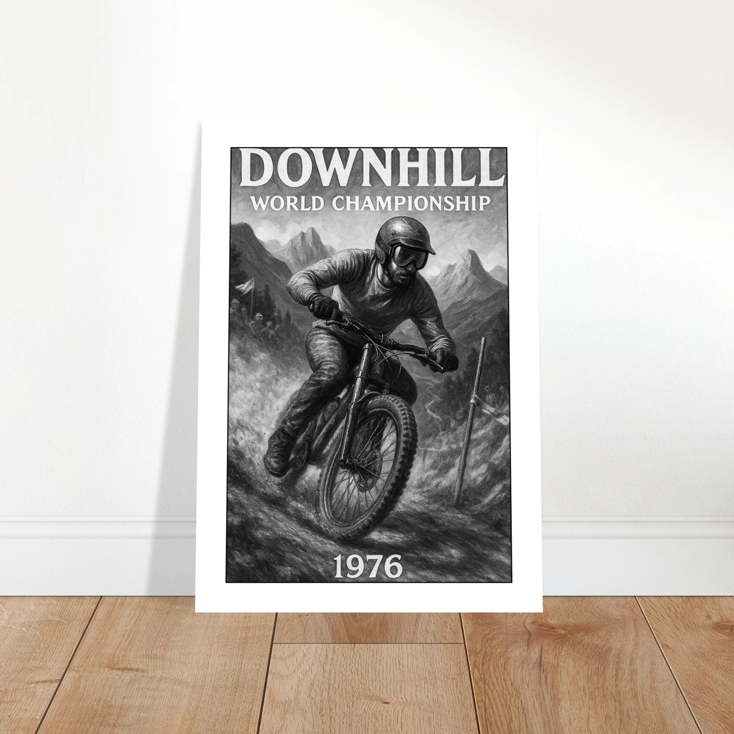 „Eingerahmtes Downhill ’76 Poster – Ride the Edge Vintage Bike Wanddeko für moderne Einrichtung“