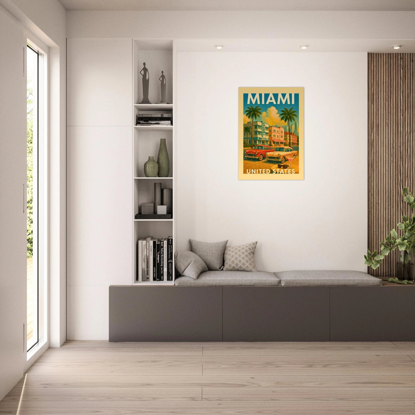„Eingerahmtes Miami Poster – United States Vintage Wandkunst mit Palmen und Classic Car für modernes Interior“