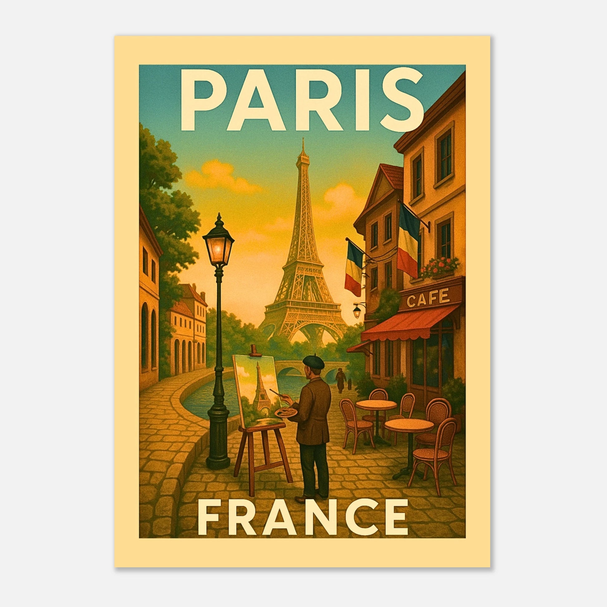 „France Paris Poster – dekoratives City Art Print mit Eiffelturm, Künstler und Café-Straße“
