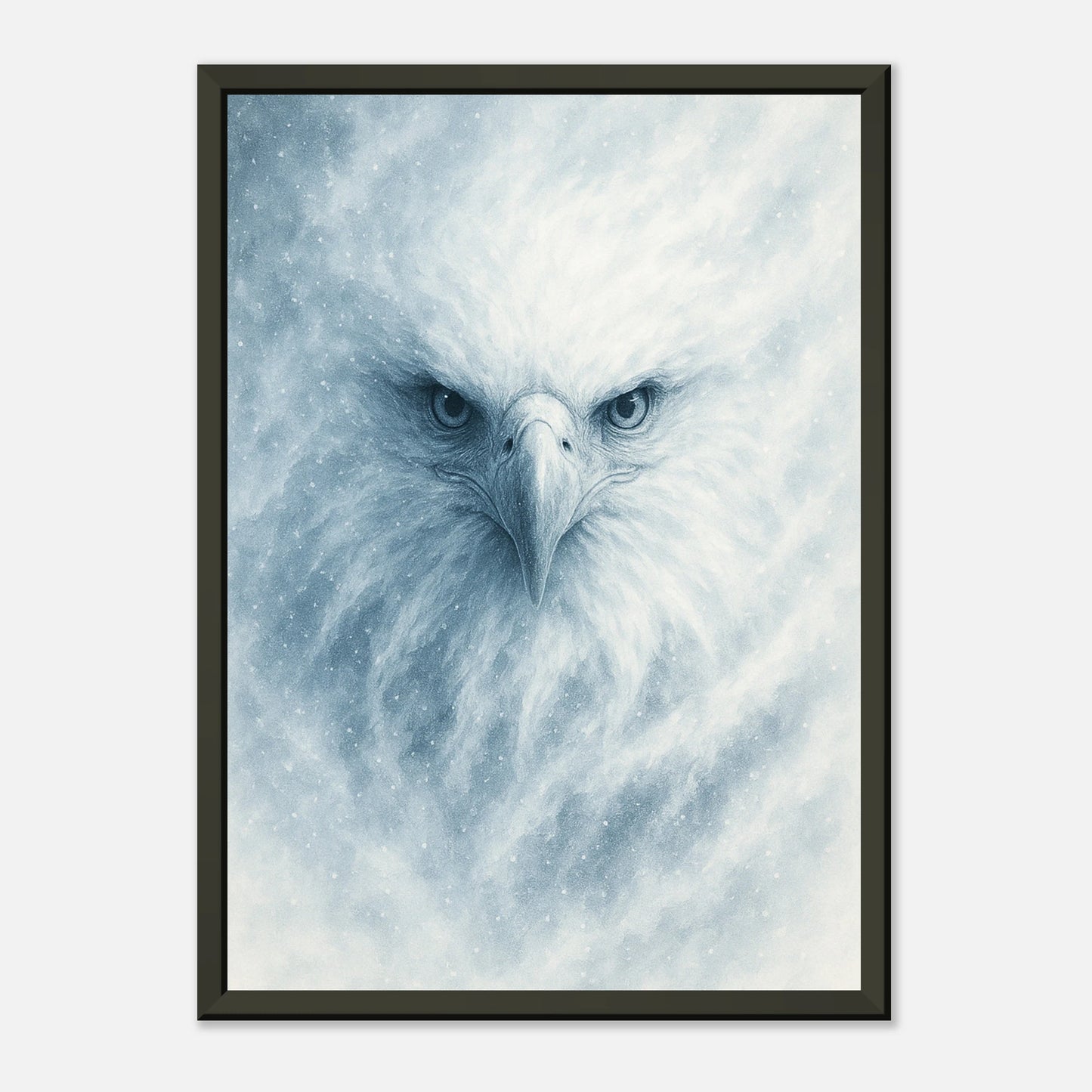 Seitenansicht des Frost Eagle Posters – intensiver Blick des Adlers, eisblaue Texturen und eleganter schwarzer Metallrahmen mit Tiefe.