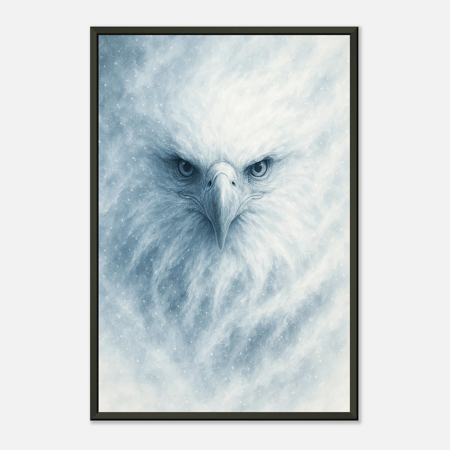 Detailaufnahme des Frost Eagle Posters – scharfer Adlerblick und feine Federstrukturen in kühlem Eisblau.
