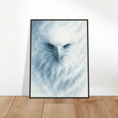 Frost Eagle Poster an die Wand gelehnt – eindrucksvolles Adlerportrait in Eisfarben, stilvoll auf Holzboden präsentiert.