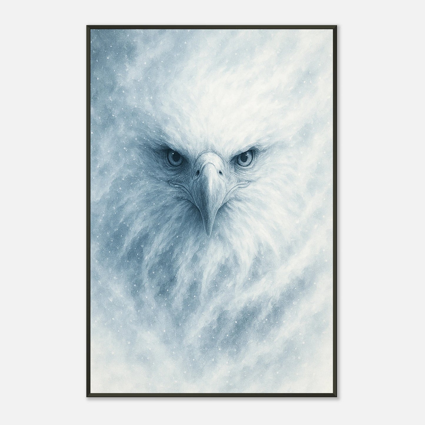 Frost Eagle Poster in Schrägansicht – faszinierende Lichtreflexe auf dem eisblauen Hintergrund, umrahmt von elegantem schwarzem Metall.