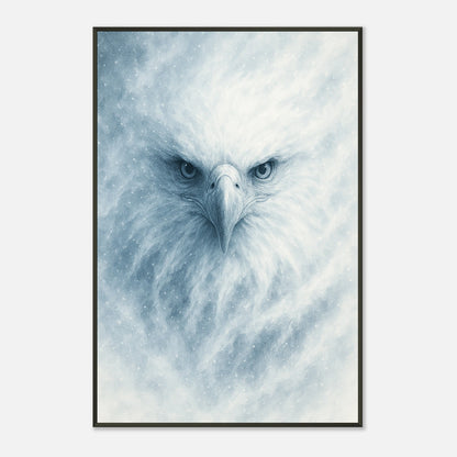 Frost Eagle Poster in Schrägansicht – faszinierende Lichtreflexe auf dem eisblauen Hintergrund, umrahmt von elegantem schwarzem Metall.