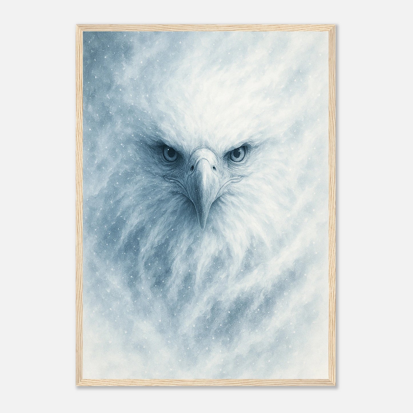 Frost Eagle Poster mit hellbraunem Holzrahmen – elegantes Kunstbild eines weißen Adlers für moderne Wohnräume.