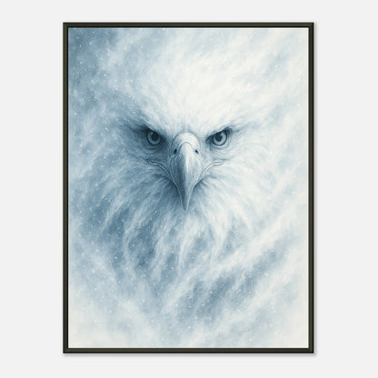 Frost Eagle Poster – majestätischer weißer Adler mit eisblauen Federn im schwarzen Metallrahmen. Winterliche Tierkunst von Defa Designs.