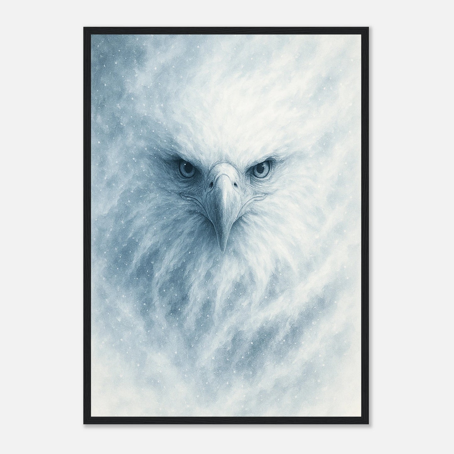 Frost Eagle Poster mit schwarzem Holzrahmen – kontrastreiches Wandbild eines weißen Adlers im Winter.