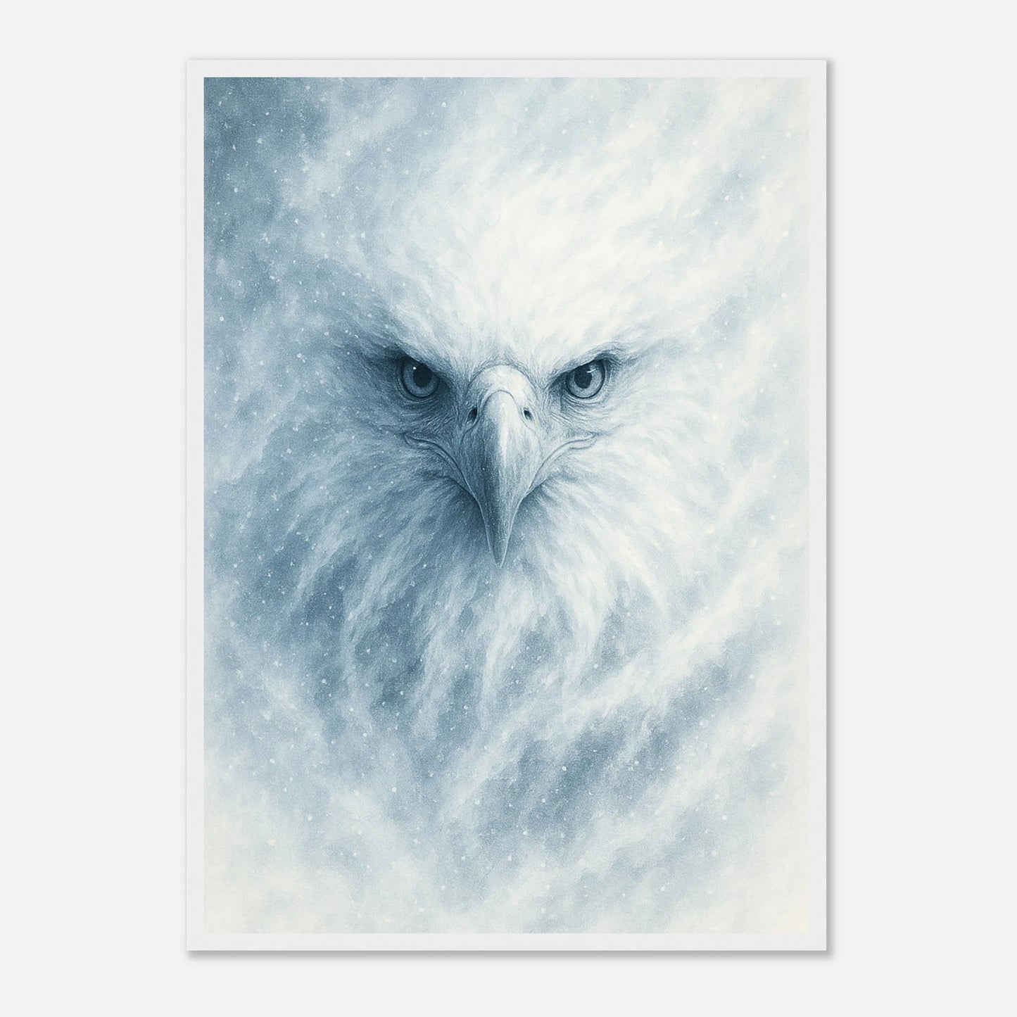 Frost Eagle Poster mit weißem Holzrahmen – majestätisches Wandbild eines weißen Adlers im Schnee.
