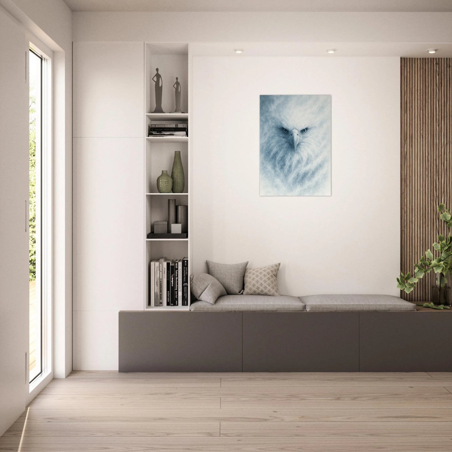 Frost Eagle wall print in bright modern living room – minimalist winter decor by DEFA