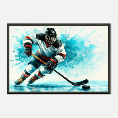 Actionreiches Eishockey-Poster „Frozen Speed“ mit Spieler in Bewegung – Sportliche Wandkunst im schwarzen Metallrahmen | DEFA Designs