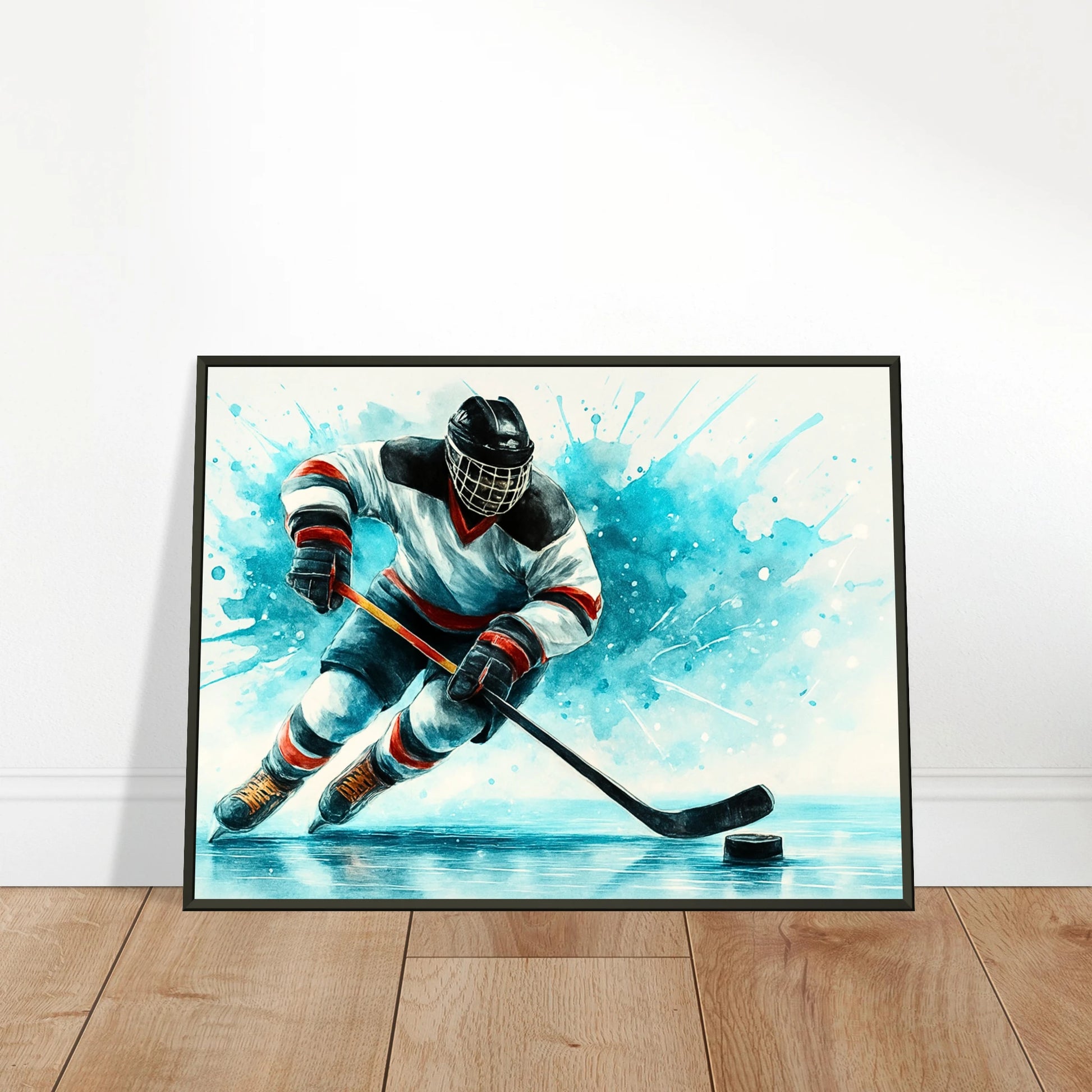 „Frozen Speed“ Eishockey-Poster angelehnt an Wand im schwarzen Metallrahmen – Dynamisches Design für Sportliebhaber | DEFA Designs