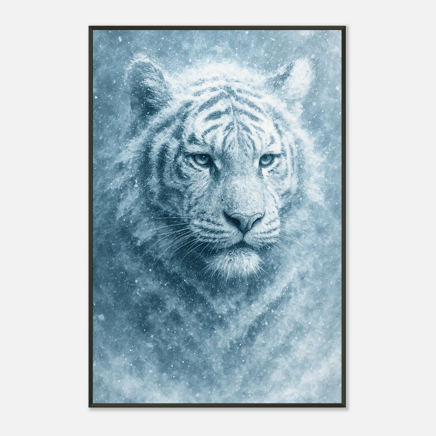 Detailaufnahme des Frozen Strength Posters – intensiver Blick des weißen Tigers, feine Fellstruktur und realistische Tiefe.