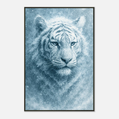 Detailaufnahme des Frozen Strength Posters – intensiver Blick des weißen Tigers, feine Fellstruktur und realistische Tiefe.