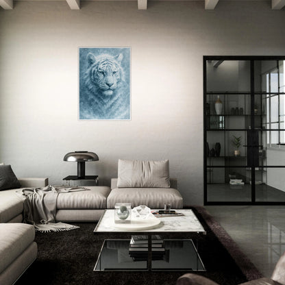 Frozen Strength Poster mit weißem Tiger – moderne Wandkunst als Blickfang im dunkel eingerichteten Wohnzimmer.