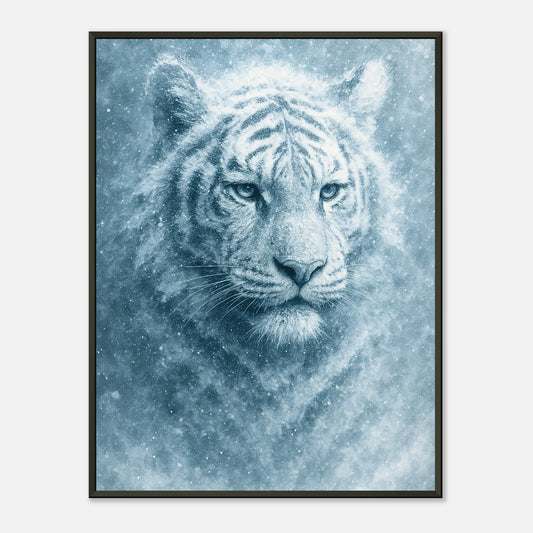 Frozen Strength Poster – weißer Tiger in frostiger Eleganz, eingerahmt im schwarzen Metallrahmen. Ausdrucksstarke Tierkunst für moderne Räume.