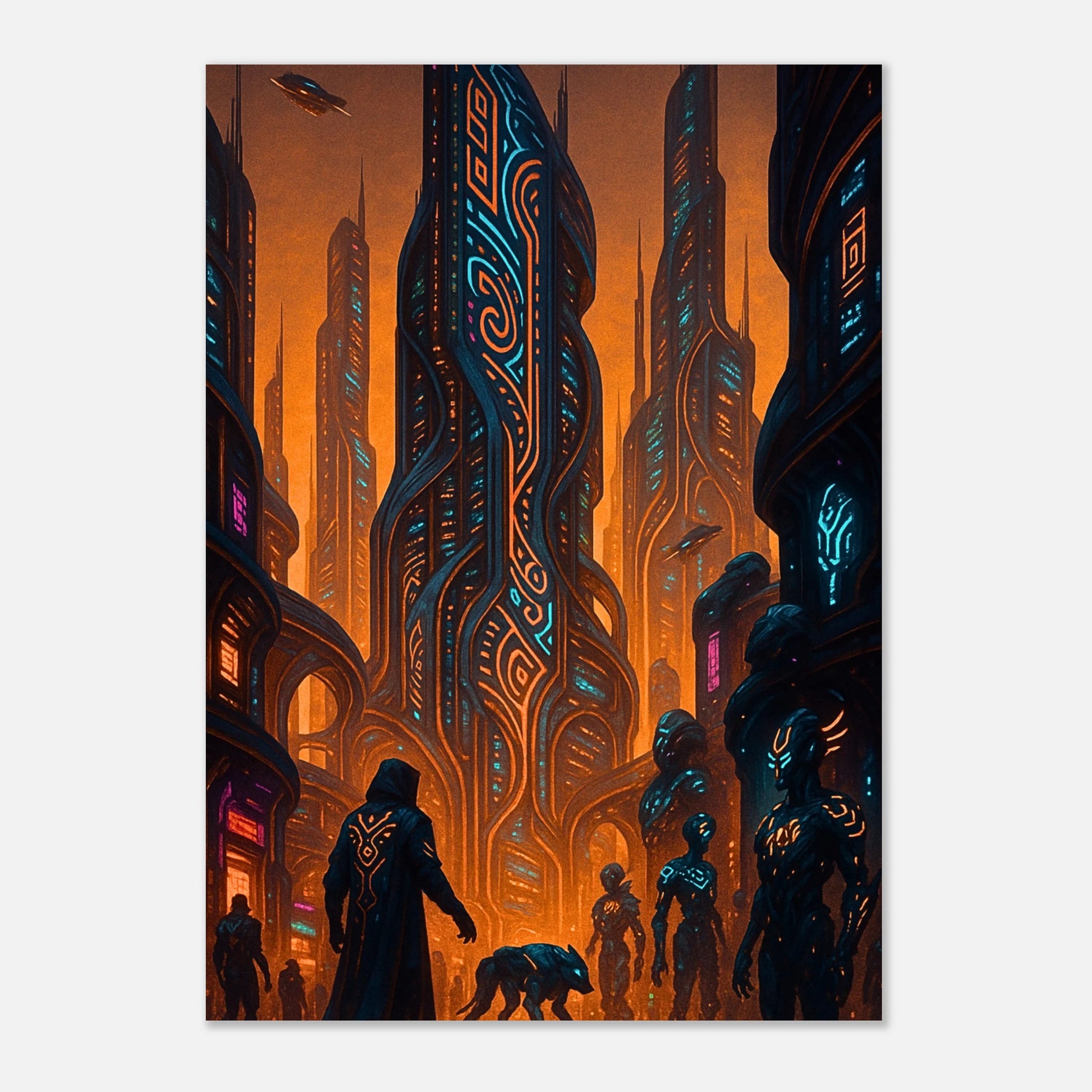 Futuristic Wall Art – Neon Dystopia Cyberpunk Poster mit futuristischen Neon-Hochhäusern und dystopischem Ambiente.
