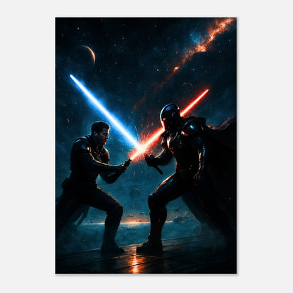 Futuristic Warriors Poster – epischer Kampf zwischen Licht und Dunkelheit, Sci-Fi Wandkunst