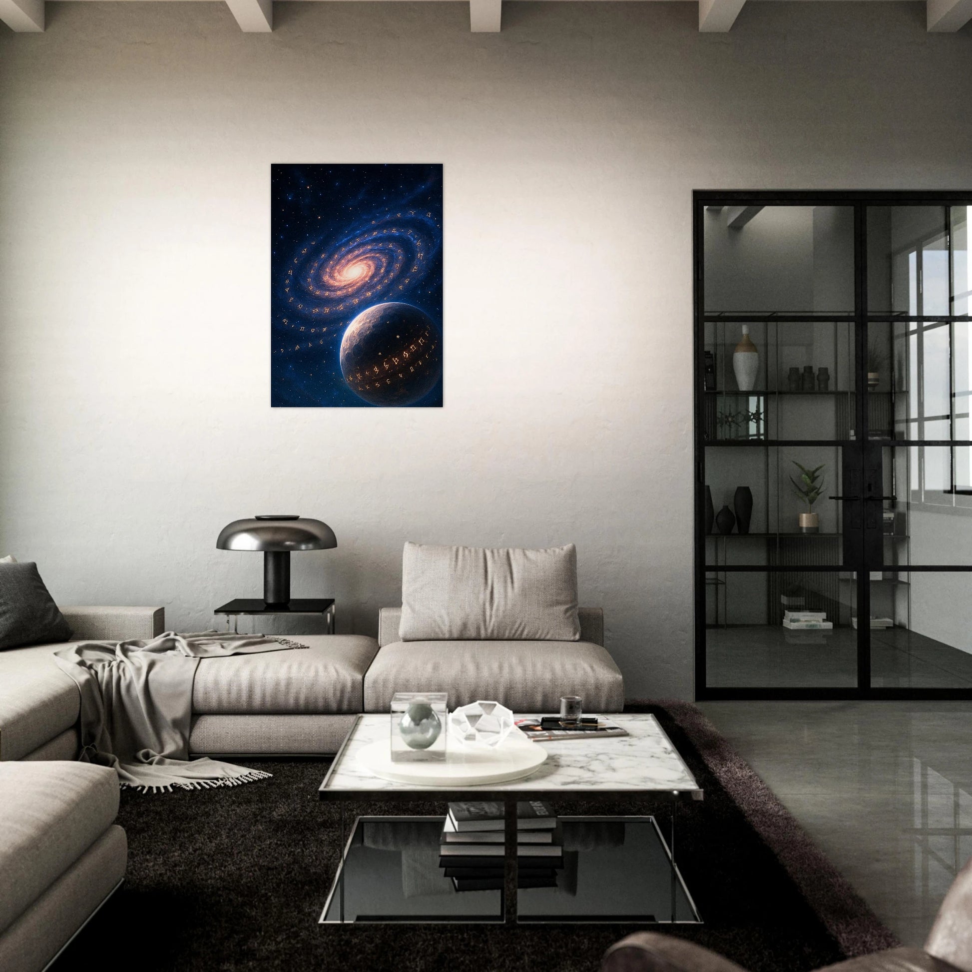 Galaxy Poster – kosmisches Wandbild mit Spiralgalaxie und Planet, moderne Kunst für Interior Design
