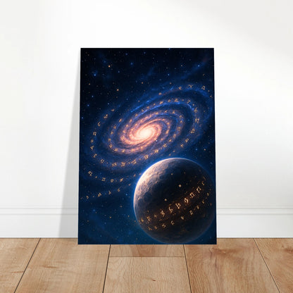 Galaxy Wall Art im Wohnzimmer – modernes Poster mit Spiralgalaxie und Planet als stilvolle Raumdeko