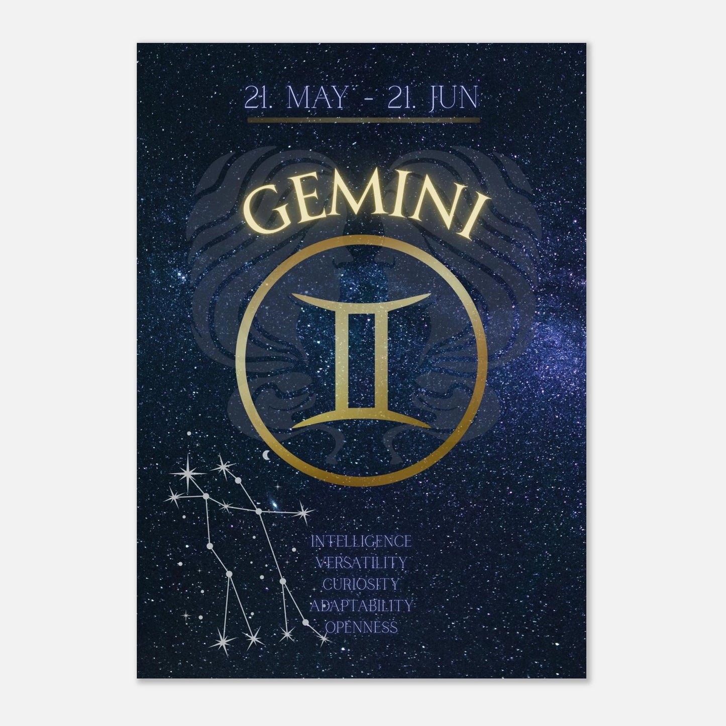 Wandkunst für das Luftzeichen Gemini – stilvolles Poster mit goldenem Zwillinge-Symbol und astrologischen Eigenschaften