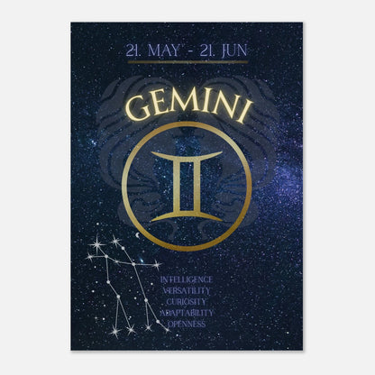 Wandkunst für das Luftzeichen Gemini – stilvolles Poster mit goldenem Zwillinge-Symbol und astrologischen Eigenschaften