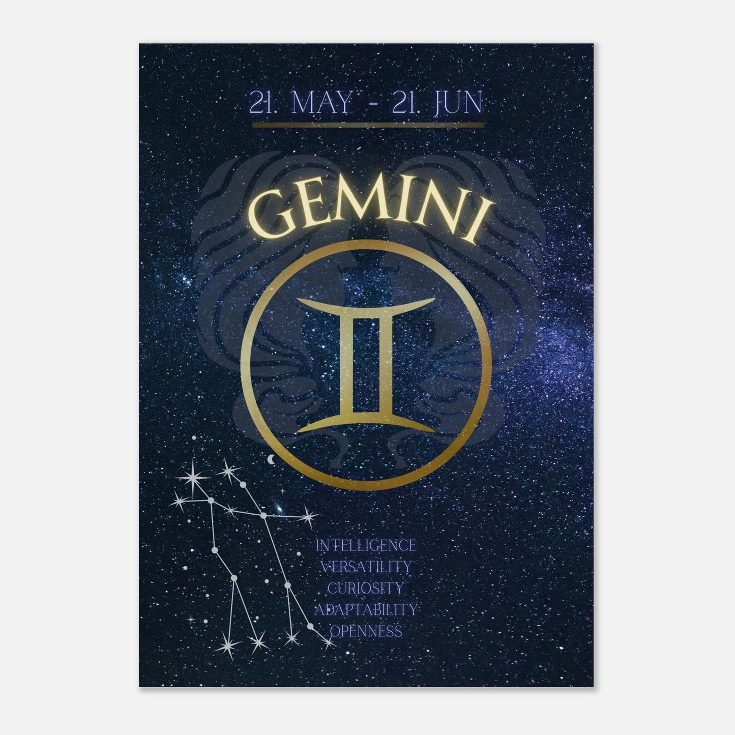 Astrologisches Gemini Sternzeichen-Poster – Wandbild mit Sternbild-Konstellation und luxuriösem Design in Blau-Gold