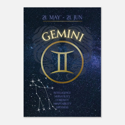 Astrologisches Gemini Sternzeichen-Poster – Wandbild mit Sternbild-Konstellation und luxuriösem Design in Blau-Gold