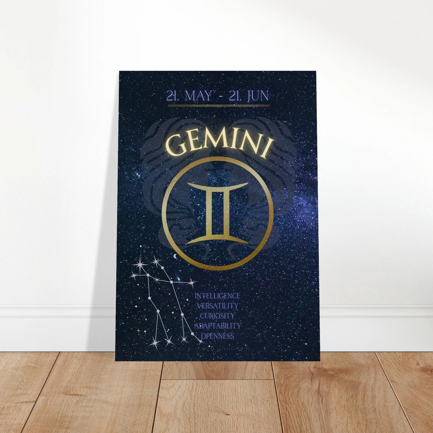 Gemini Poster in stilvollem Wohnzimmer – Mockup mit moderner Einrichtung und eleganter Wandkunst für astrologische Deko