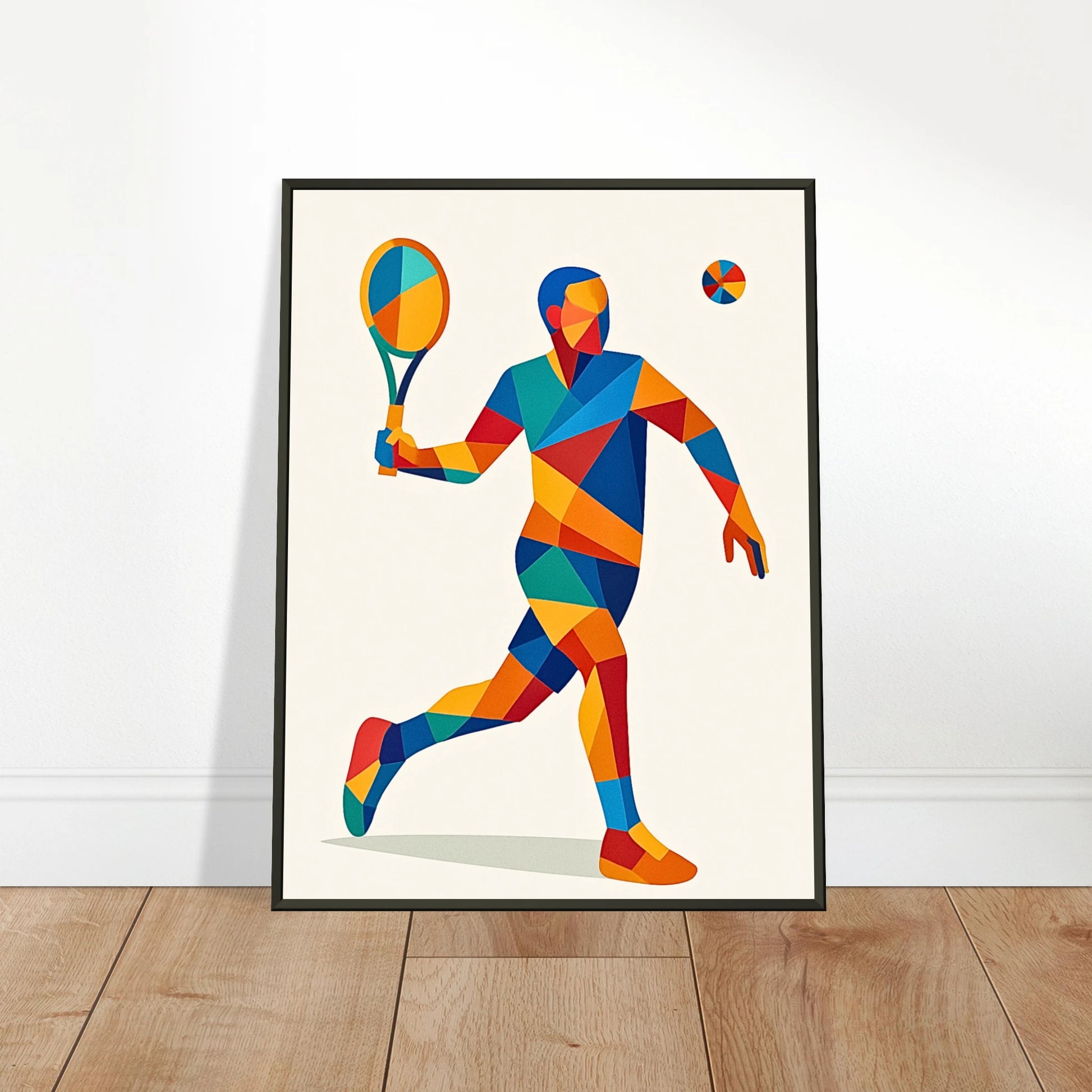 Geometric Serve Poster an die Wand gelehnt | Modernes Tennisdesign mit geometrischem Stil im schwarzen Metallrahmen | DEFA Designs