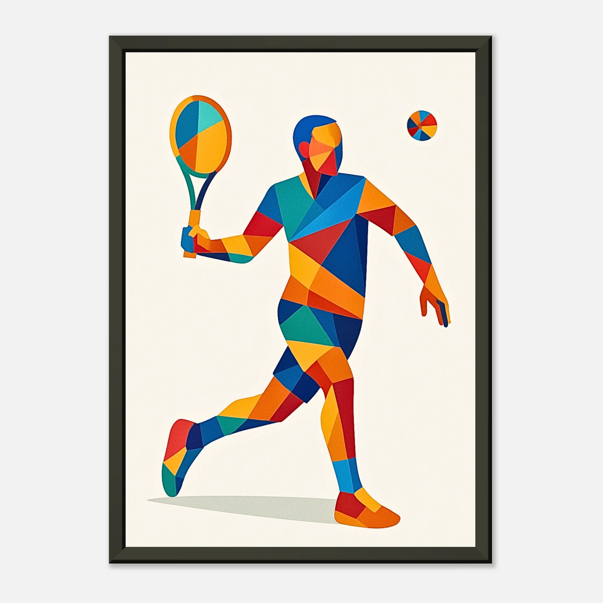 Modernes Tennisposter „Geometric Serve – The Art of Tennis“ | Abstrakter Spieler in leuchtenden Farben | Schwarzer Metallrahmen | DEFA Designs