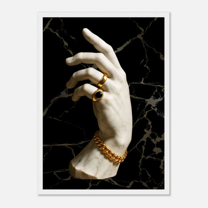 Gilded Touch Poster im weißen Rahmen – elegantes Wandbild mit goldener Hand-Skulptur auf schwarzem Marmorhintergrund. Luxuriöse Kunst für stilvolles Wohndesign – von Defa Designs.