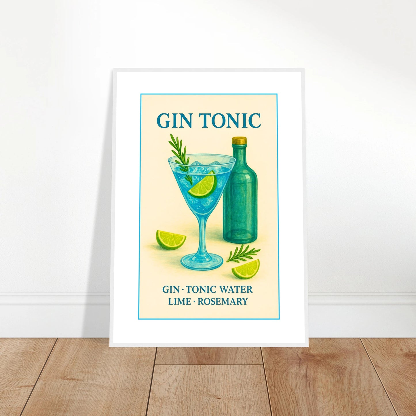Gin Tonic Poster an die Wand gelehnt – elegantes Cocktail-Wandbild mit Retro-Touch, perfektes Kunstmotiv für Küche oder Lounge – von Defa Designs.