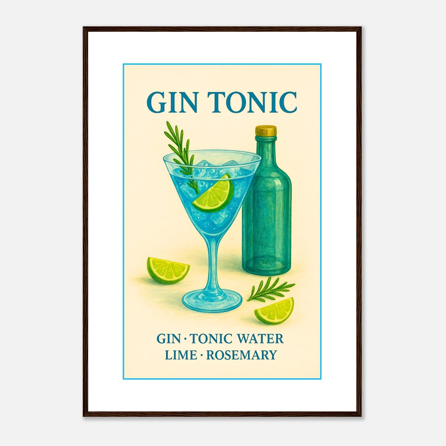 Gin Tonic Poster im dunkelbraunen Holzrahmen – klassisches Cocktailmotiv mit Ginflasche, Glas und Limetten, Retro-Design für stilvolle Bar-Atmosphäre – von Defa Designs.