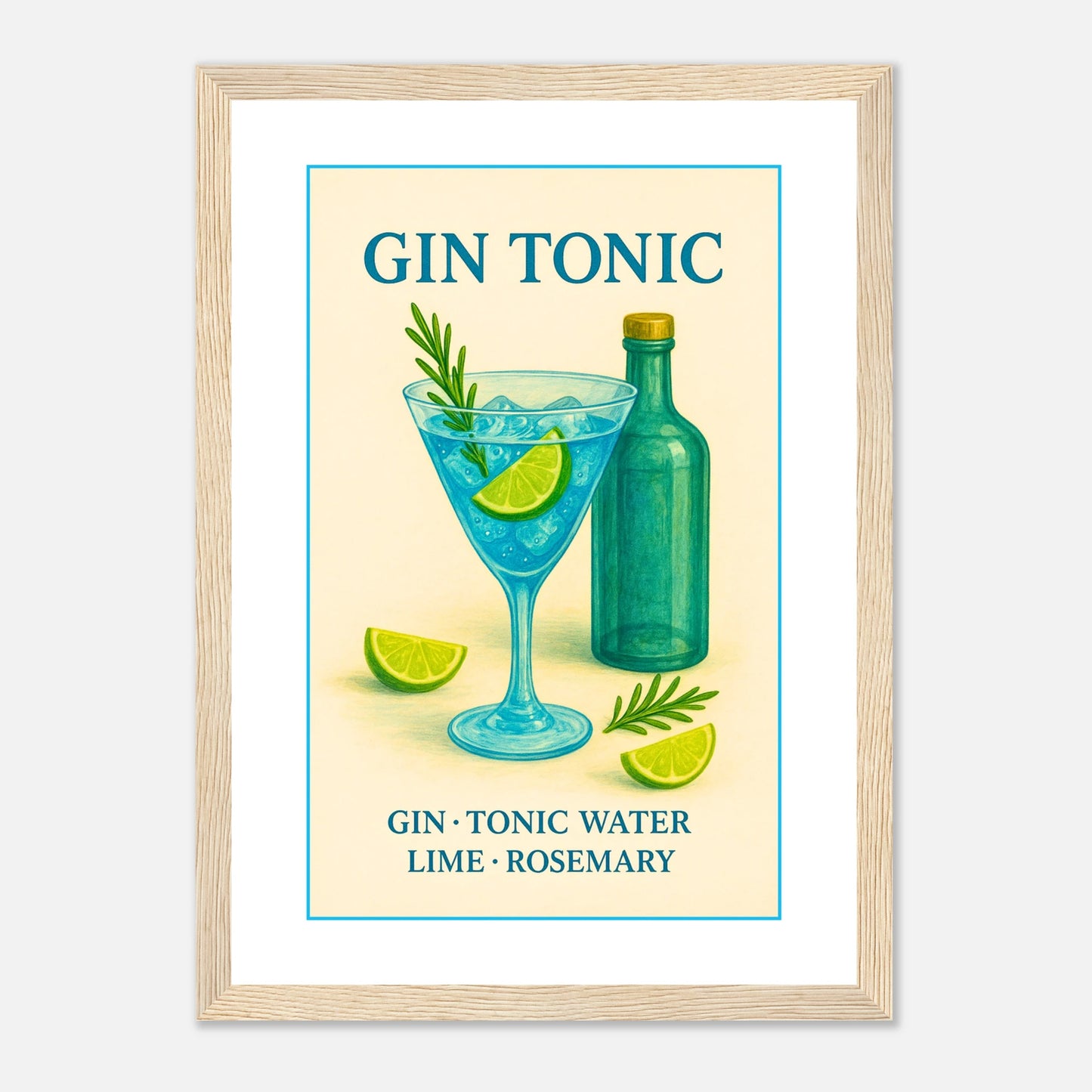 Gin Tonic Poster im dunkelbraunen Holzrahmen – klassisches Cocktailmotiv mit Ginflasche, Glas und Limetten, Retro-Design für stilvolle Bar-Atmosphäre – von Defa Designs.