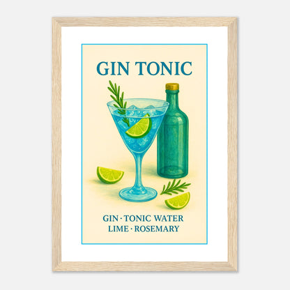 Gin Tonic Poster im dunkelbraunen Holzrahmen – klassisches Cocktailmotiv mit Ginflasche, Glas und Limetten, Retro-Design für stilvolle Bar-Atmosphäre – von Defa Designs.