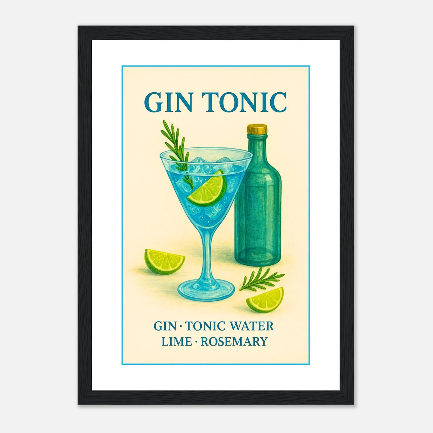 Gin Tonic Poster im schwarzen Rahmen – stilvolles Barbild mit Gin-Tonic-Design in kräftigen Farben, modernes Wandbild mit Cocktail-Flair – von Defa Designs.