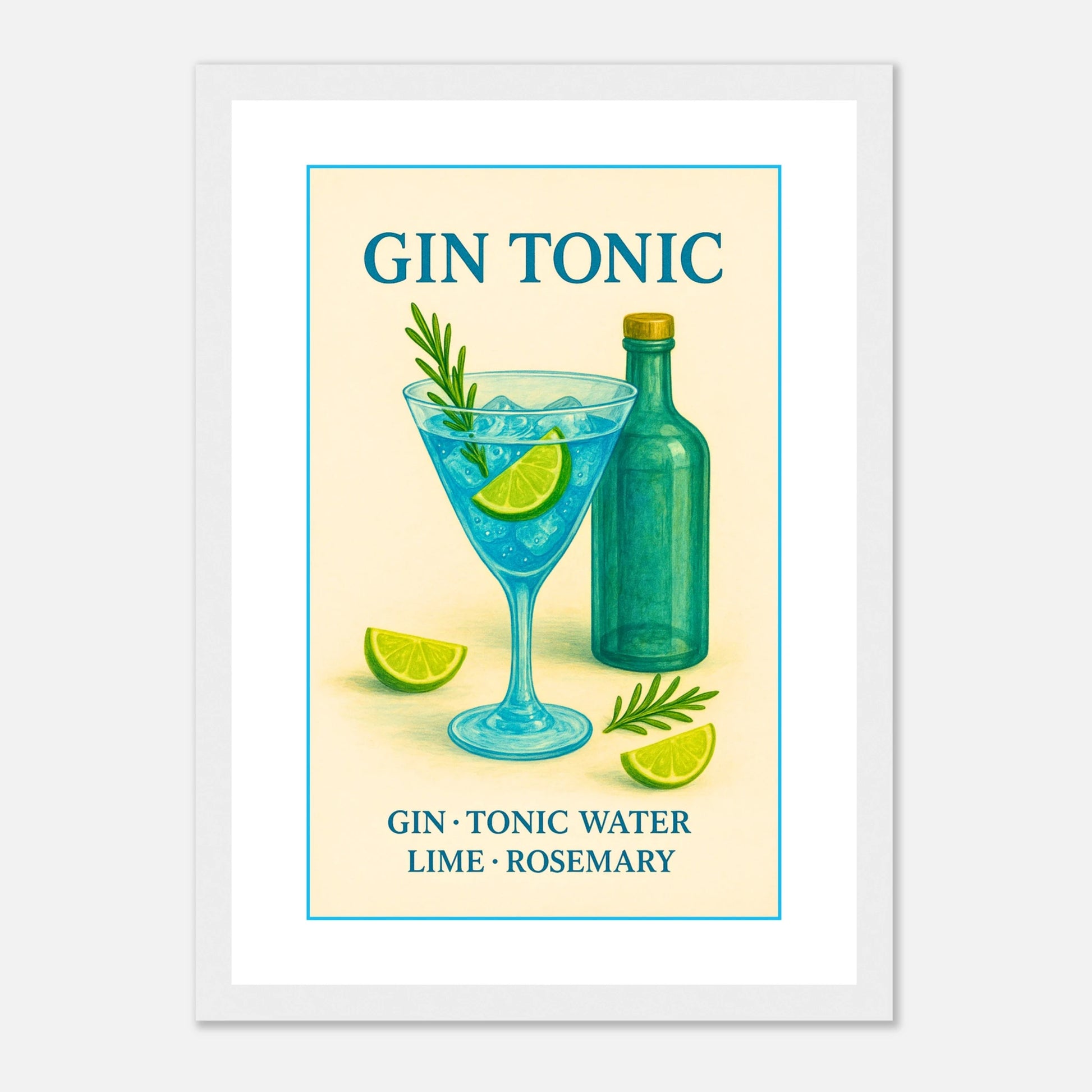 Gin Tonic Poster im weißen Rahmen – modernes Cocktail-Poster mit frischem Gin-Tonic-Design, stilvolle Wanddekoration für Küche, Bar oder Wohnzimmer – von Defa Designs.