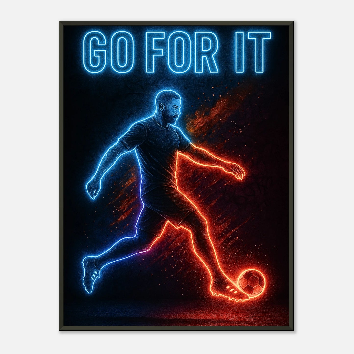 „Go For It“ Neon Fußball Poster im schwarzen Metallrahmen – leuchtende Sportkunst mit dynamischem Spieler-Motiv | DEFA Designs