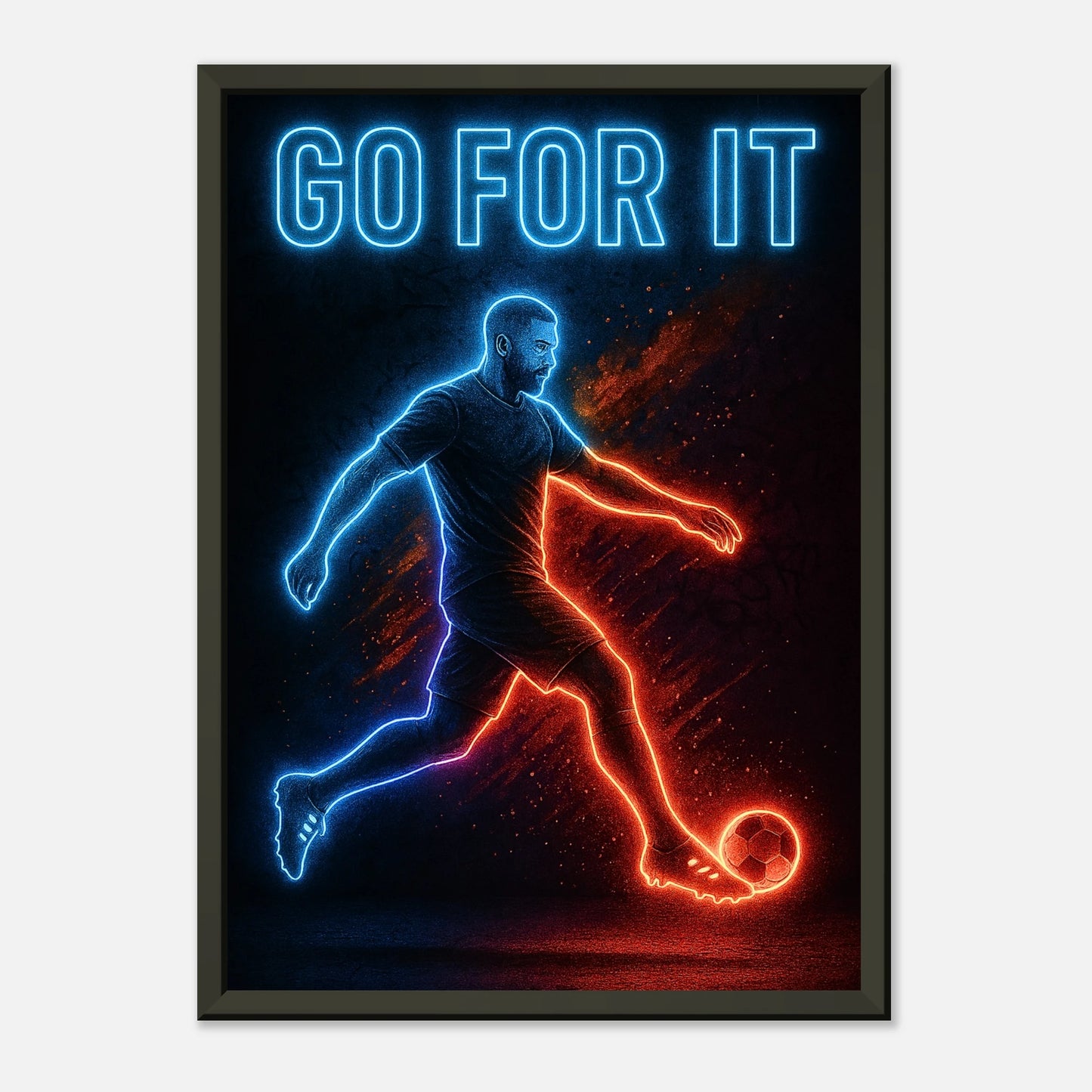 Neon Sportposter „Go For It“ mit Fußballspieler in Bewegung – moderne Wandkunst mit blauer und roter Leuchtoptik | DEFA Designs