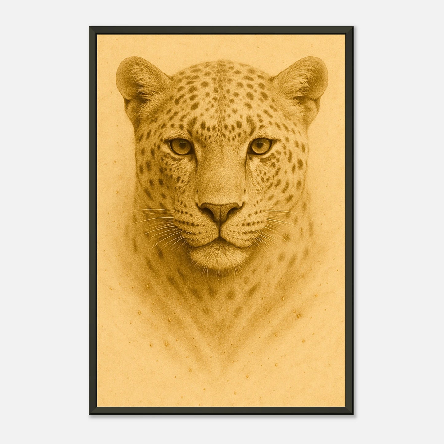 Detailansicht des Golden Focus Posters – Leopardkopf in goldener Textur mit feiner Druckqualität, schwarzer Metallrahmen.