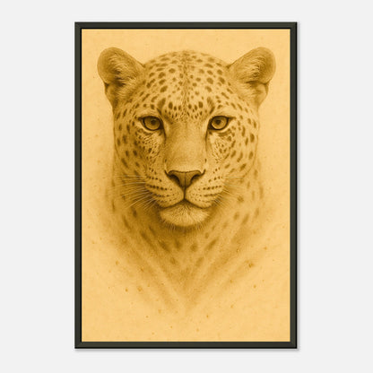 Detailansicht des Golden Focus Posters – Leopardkopf in goldener Textur mit feiner Druckqualität, schwarzer Metallrahmen.
