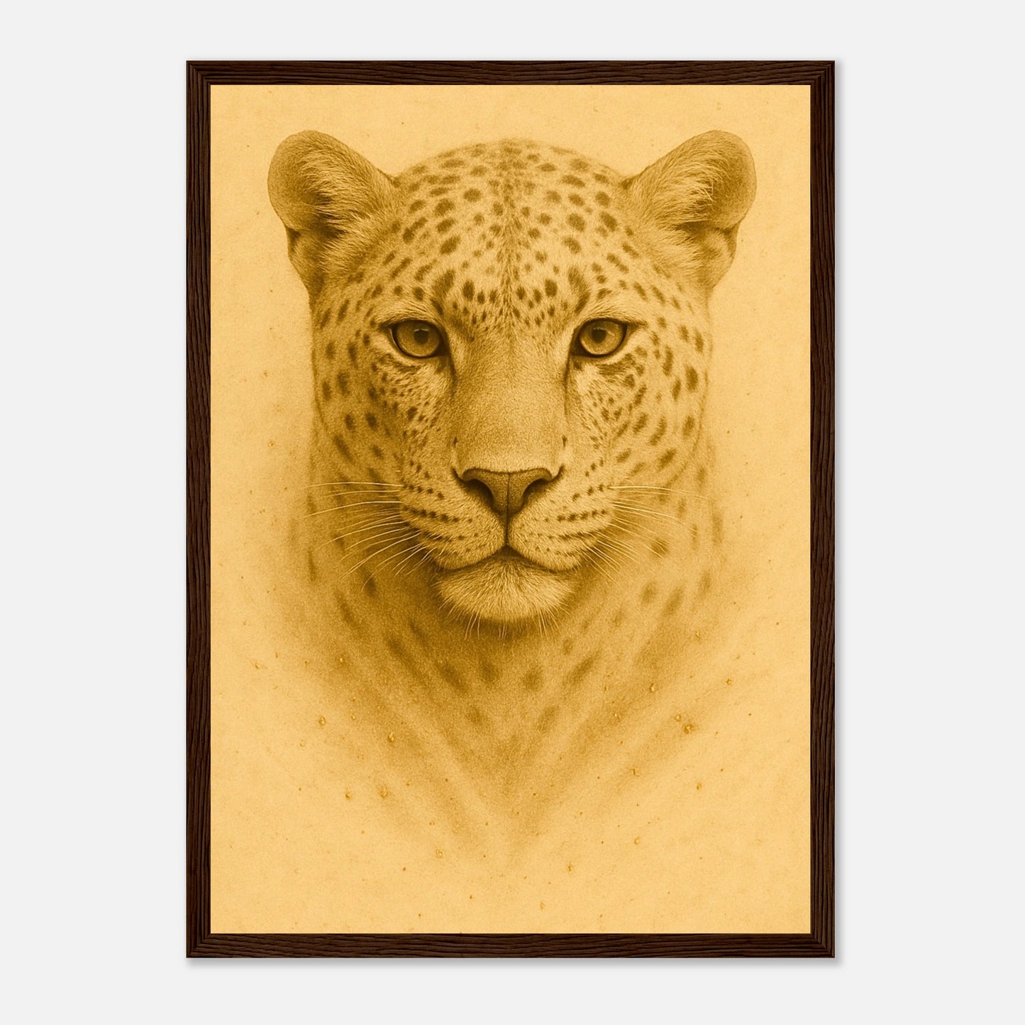 Golden Focus Leopard Poster mit dunkelbraunem Holzrahmen – kraftvolle Wanddekoration mit goldener Eleganz.